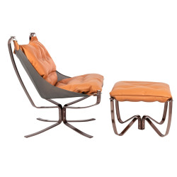 HE469-3-HE456-318 Fotel ARNI LOW z podnóżkiem - pomarańczowa ekoskóra, podstawa ciemna miedziana King Home