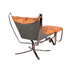 HE469-3-HE456-318 Fotel ARNI LOW z podnóżkiem - pomarańczowa ekoskóra, podstawa ciemna miedziana King Home