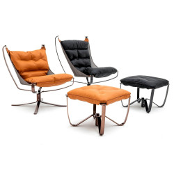 HE469-3-HE456-318 Fotel ARNI LOW z podnóżkiem - pomarańczowa ekoskóra, podstawa ciemna miedziana King Home