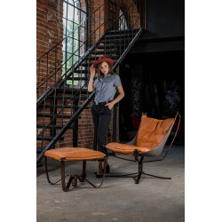 HE469-3-HE456-318 Fotel ARNI LOW z podnóżkiem - pomarańczowa ekoskóra, podstawa ciemna miedziana King Home