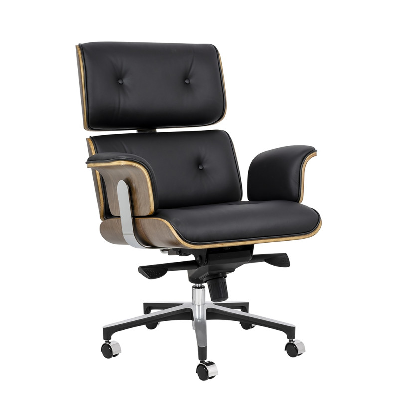 YS-6809.BLACK.WALNUT Fotel biurowy LOUNGE BUSINESS czarny - sklejka orzech, skóra naturalna, stal polerowana King Home