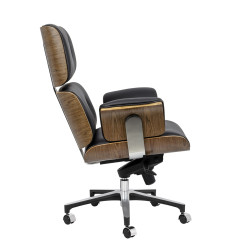 YS-6809.BLACK.WALNUT Fotel biurowy LOUNGE BUSINESS czarny - sklejka orzech, skóra naturalna, stal polerowana King Home