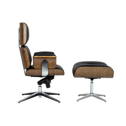 YS-6809.SET.WALNUT Fotel biurowy LOUNGE BUSINESS czarny z podnóżkiem - sklejka orzech, skóra naturalna, stal polerowana King 