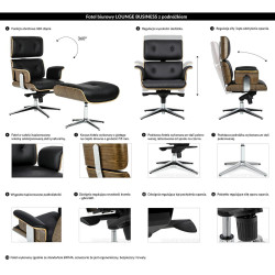 YS-6809.SET.WALNUT Fotel biurowy LOUNGE BUSINESS czarny z podnóżkiem - sklejka orzech, skóra naturalna, stal polerowana King 