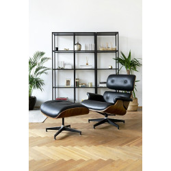 KH1501100105 Fotel LOUNGE HM czarny / orzech  z podnóżkiem King Home