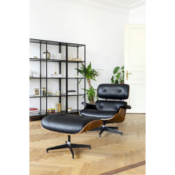 KH1501100105 Fotel LOUNGE HM czarny / orzech  z podnóżkiem King Home