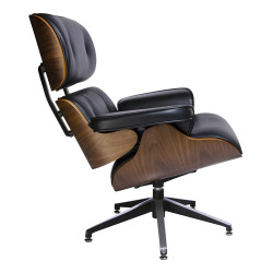 KH1501100170 Fotel LOUNGE czarny / orzech - skóra naturalna King Home