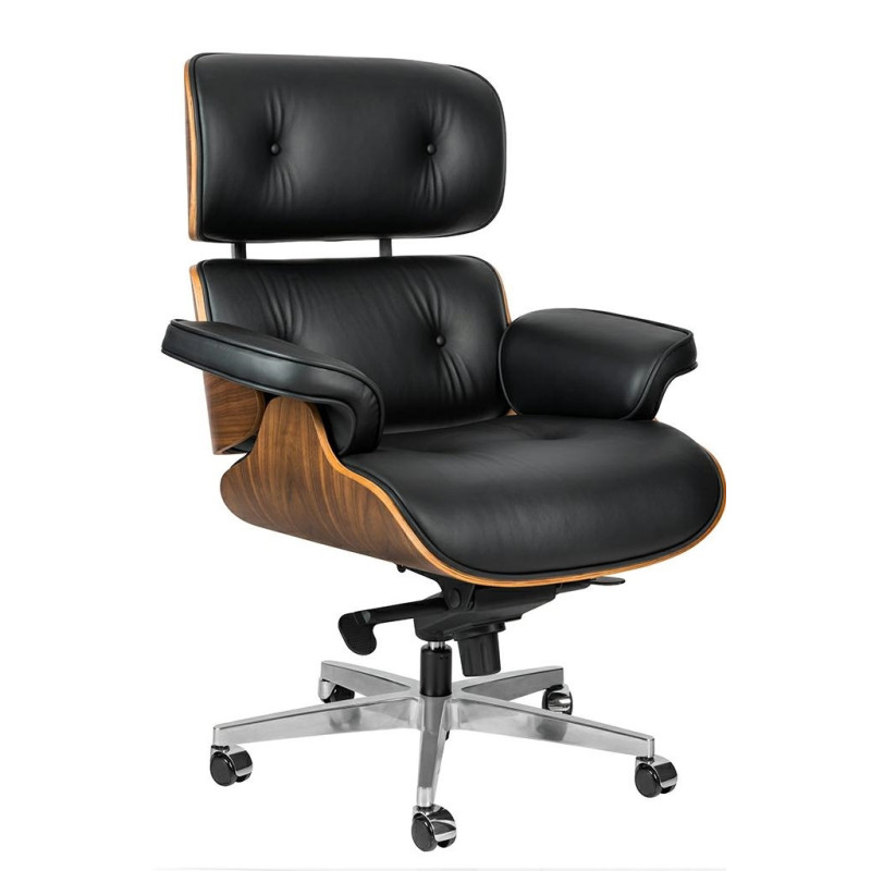 KH1501100106 Fotel biurowy LOUNGE GUBERNATOR BIG XL czarny - sklejka orzech, skóra naturalna, stal polerowana King Home