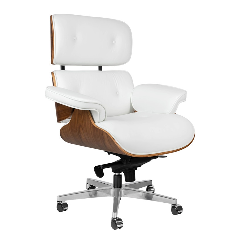 KH1501100153 Fotel biurowy LOUNGE GUBERNATOR biały - sklejka orzech, skóra naturalna, stal polerowana King Home