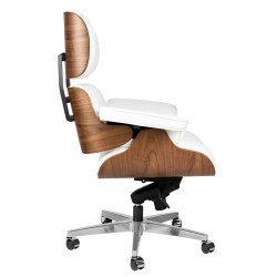 KH1501100153 Fotel biurowy LOUNGE GUBERNATOR biały - sklejka orzech, skóra naturalna, stal polerowana King Home