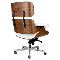 KH1501100153 Fotel biurowy LOUNGE GUBERNATOR biały - sklejka orzech, skóra naturalna, stal polerowana King Home