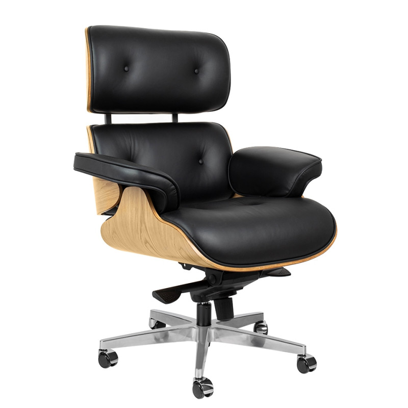 KH1501100214 Fotel biurowy LOUNGE GUBERNATOR czarny - jesion, skóra naturalna, stal polerowana King Home