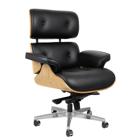 KH1501100214 Fotel biurowy LOUNGE GUBERNATOR czarny - jesion, skóra naturalna, stal polerowana King Home