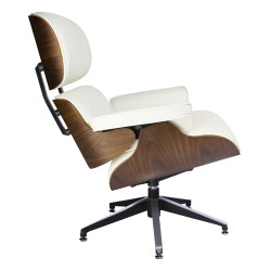 T044.WHITE Fotel LOUNGE biały, sklejka orzech - skóra naturalna King Home